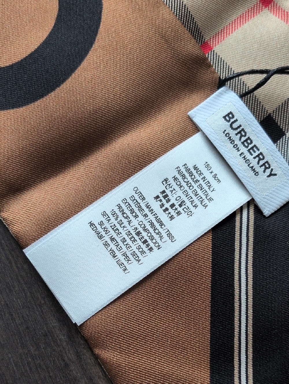 Burberry Beige Nova Check Skinny Silk Scarf with Black and Red Accents - Picture 2 of 9
